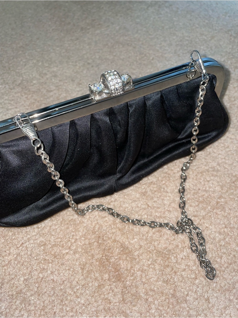 Vintage Kiss Lock Black Satin Gemstone Silver Chain Evening Bag Envelope Clutch
